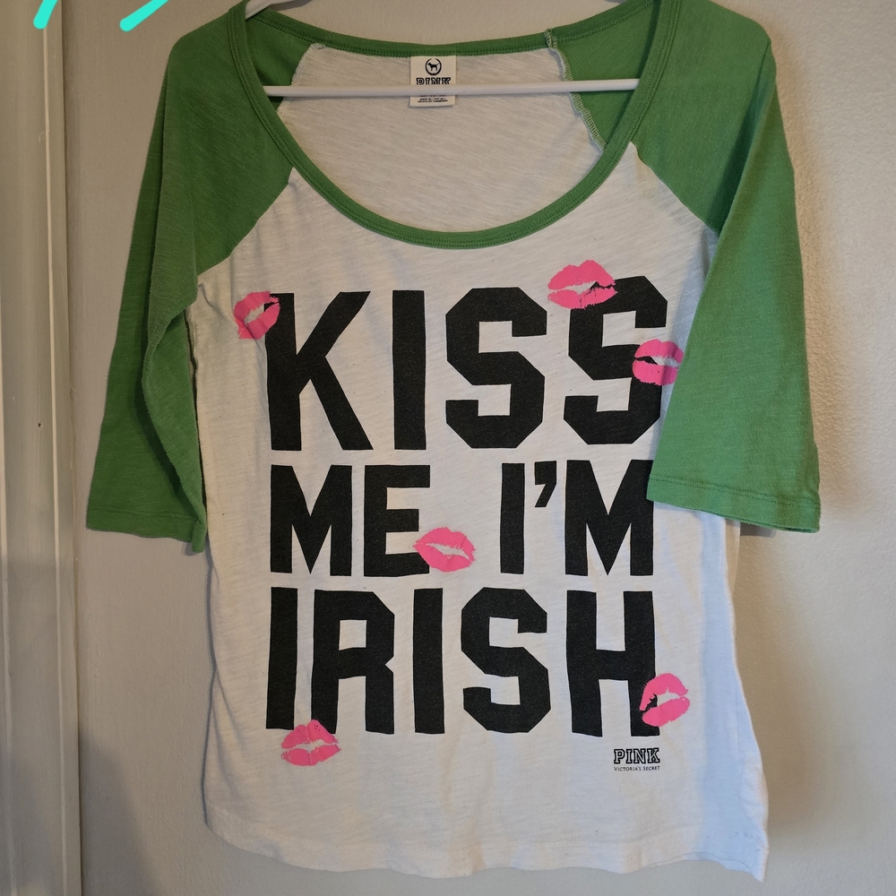 PINK Victoria's Secret Green and White Quarter Sleeve Tee IRISH Xs